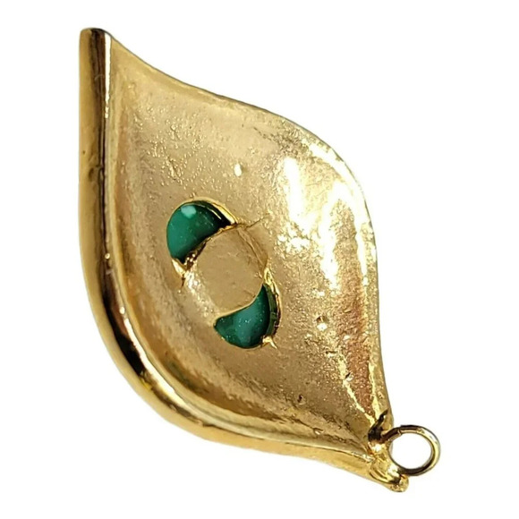 Green Spotted Acrylic Cabochon Clear Rhinestone Gold Tone Teardrop Pendant - Picture 4 of 4